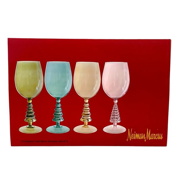 Neiman Marcus Multicolor Christmas Tree Wine Glass Set of 4 in Holiday Gift Box - Picture 2 of 9